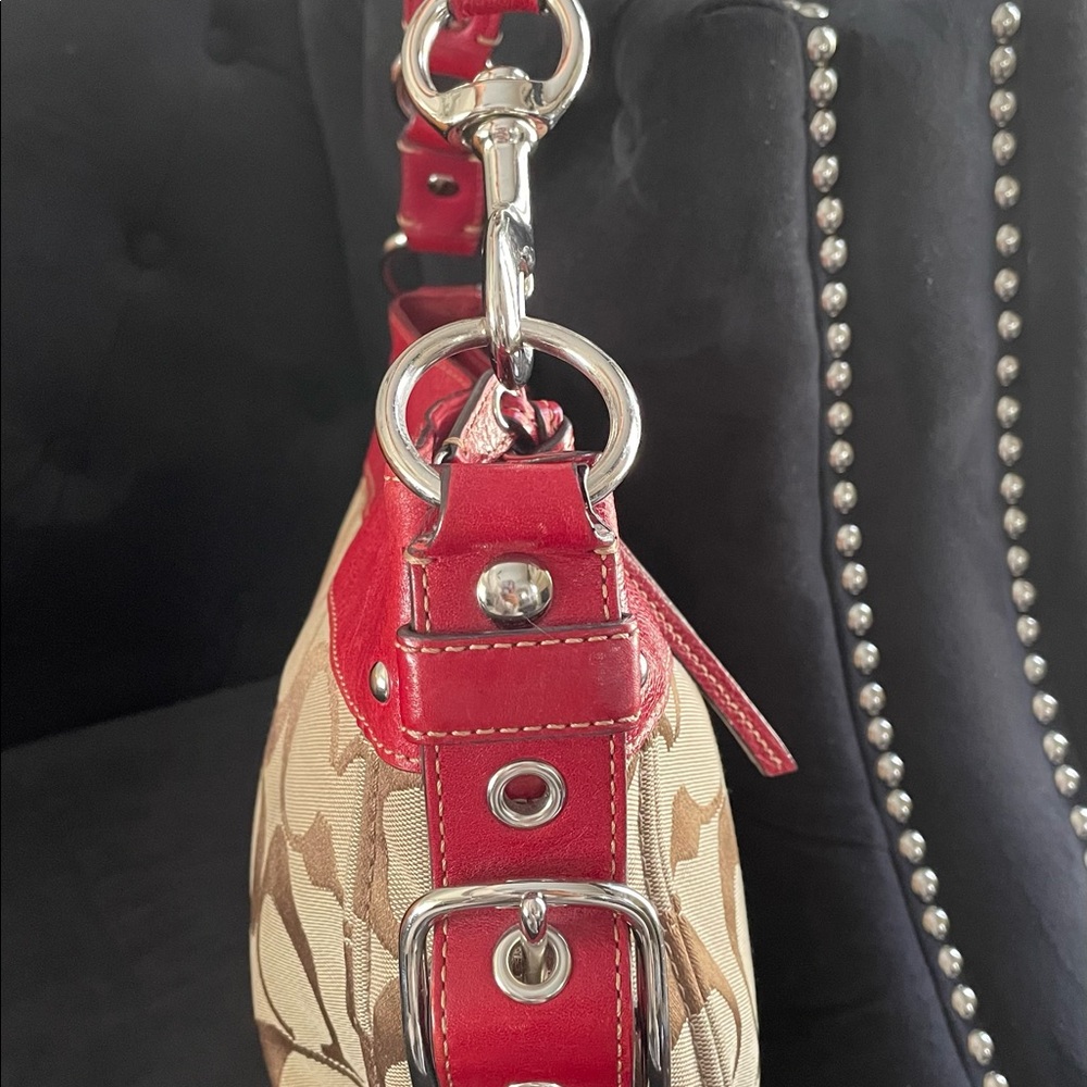 Coach saddle bag brown signature canvas; red leather trim - Picture 3 of 6